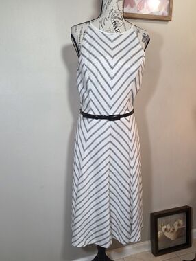 White House Black Market White and Black Striped Midi Dress with Belt
